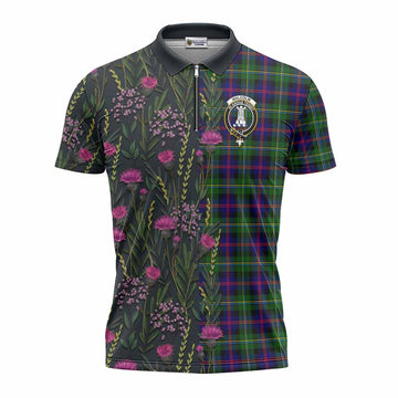 Malcolm Family Crest Tartan Zipper Polo Shirt Scottish Thistle Flower Pattern Half Style
