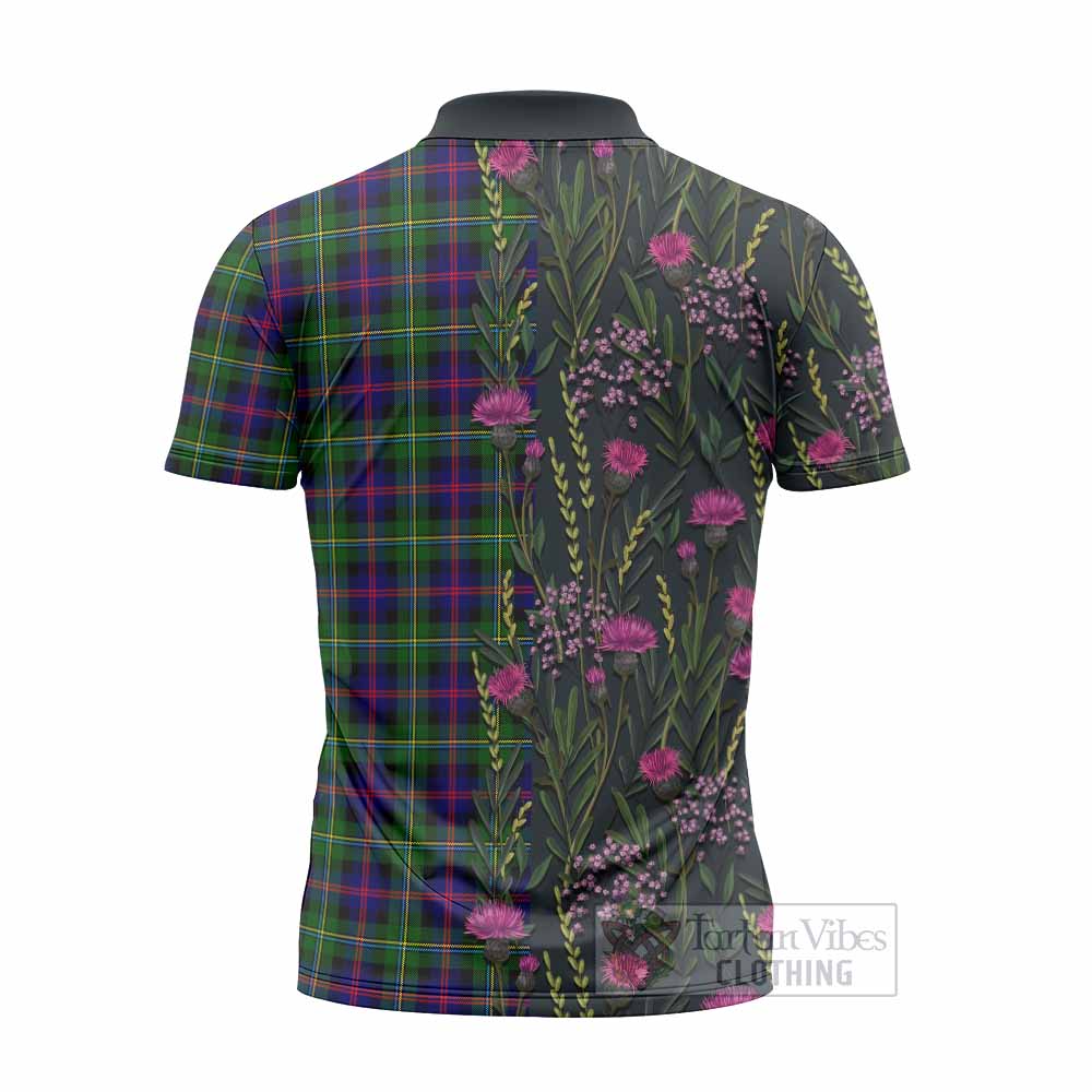 Malcolm Family Crest Tartan Zipper Polo Shirt Scottish Thistle Flower Pattern Half Style - Tartan Vibes Clothing