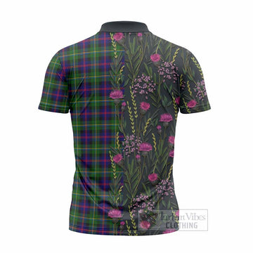 Malcolm Family Crest Tartan Zipper Polo Shirt Scottish Thistle Flower Pattern Half Style
