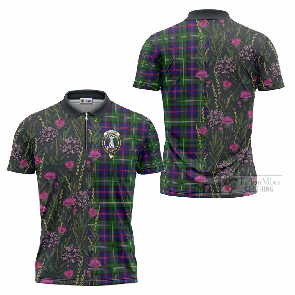 Malcolm Family Crest Tartan Zipper Polo Shirt Scottish Thistle Flower Pattern Half Style - Tartan Vibes Clothing