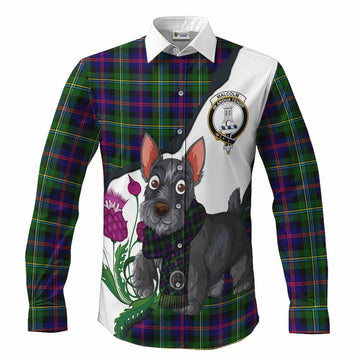 Malcolm Scottish Terrier Tartan Crest Long Sleeve Button Shirts Thistle Heritage Art