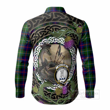 Malcolm Tartan Crest Bagpipe Nessie Long Sleeve Button Shirts Scottish Loch Ness Monster Celtic Thistle