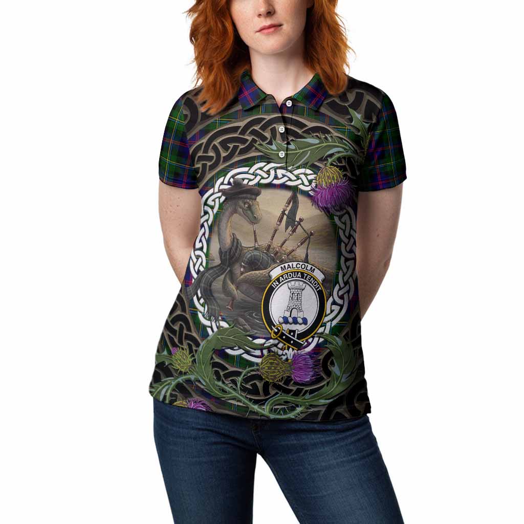Malcolm Tartan Crest Bagpipe Nessie Women Polo Shirt Scottish Loch Ness Monster Celtic Thistle