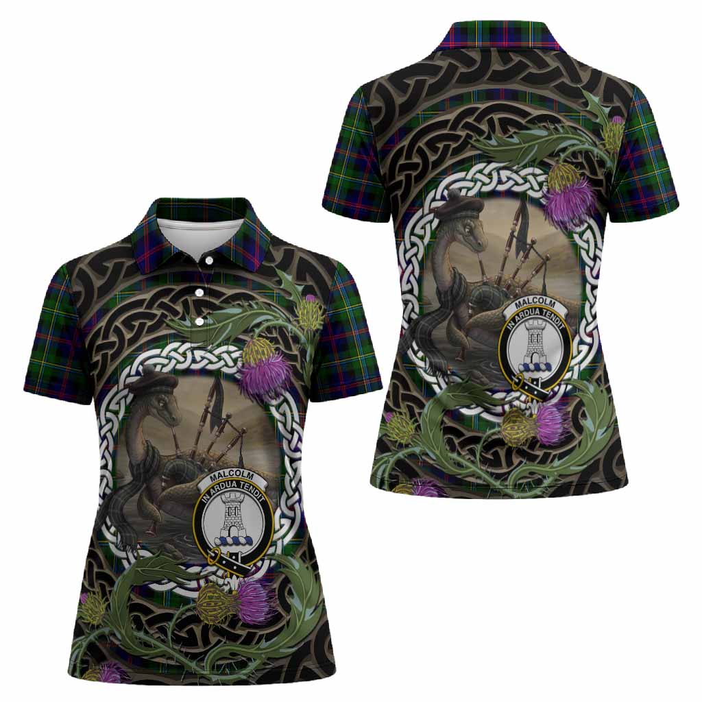 Malcolm Tartan Crest Bagpipe Nessie Women Polo Shirt Scottish Loch Ness Monster Celtic Thistle