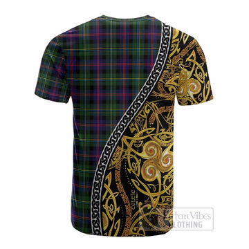 Malcolm Tartan Crest Cotton T-shirt Celtic Knot and Triple Trickle Spiral Symbols