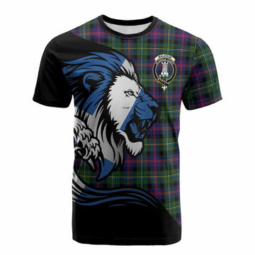 Malcolm Tartan Crest Cotton T-shirt Scottish Golden Lions Wave Flow