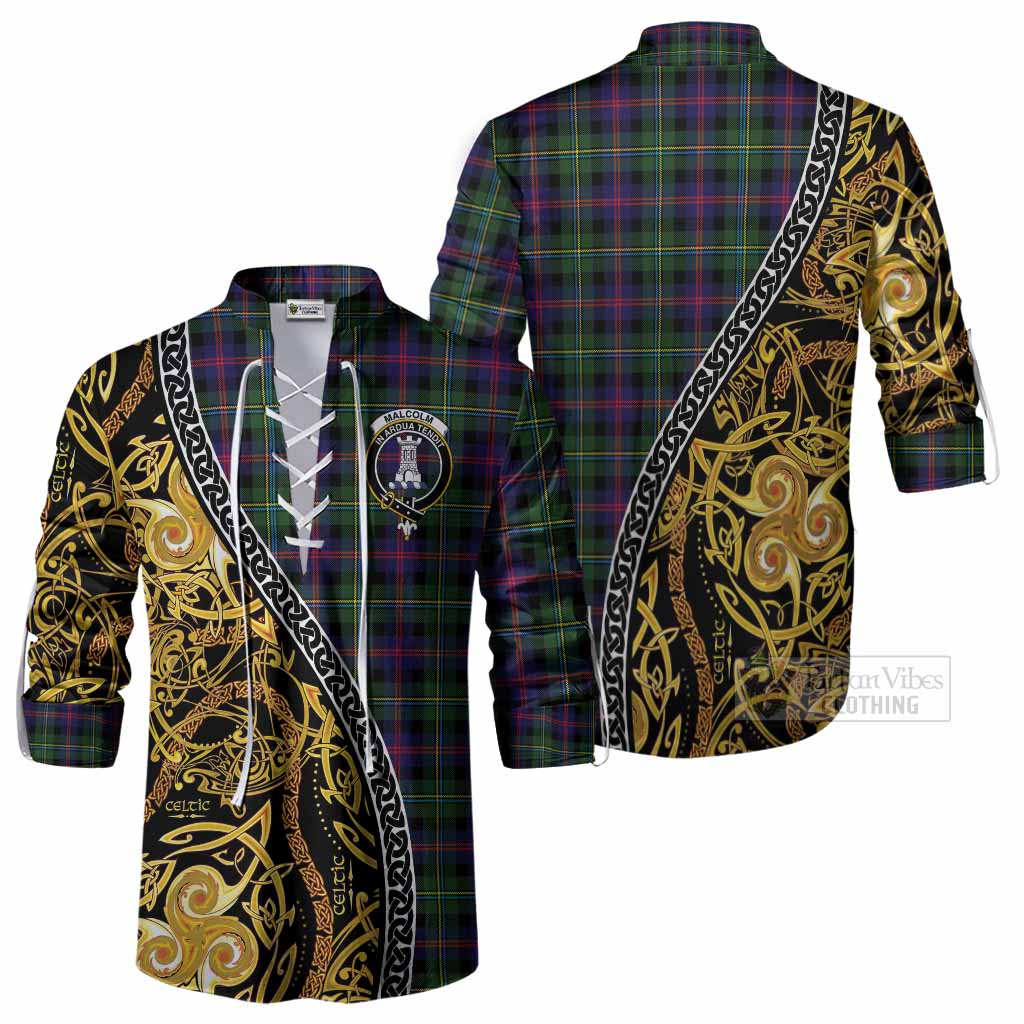 Malcolm Tartan Crest Ghillie Shirt Celtic Knot and Triple Trickle Spiral Symbols