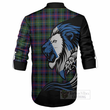 Malcolm Tartan Crest Ghillie Shirt Scottish Golden Lions Wave Flow