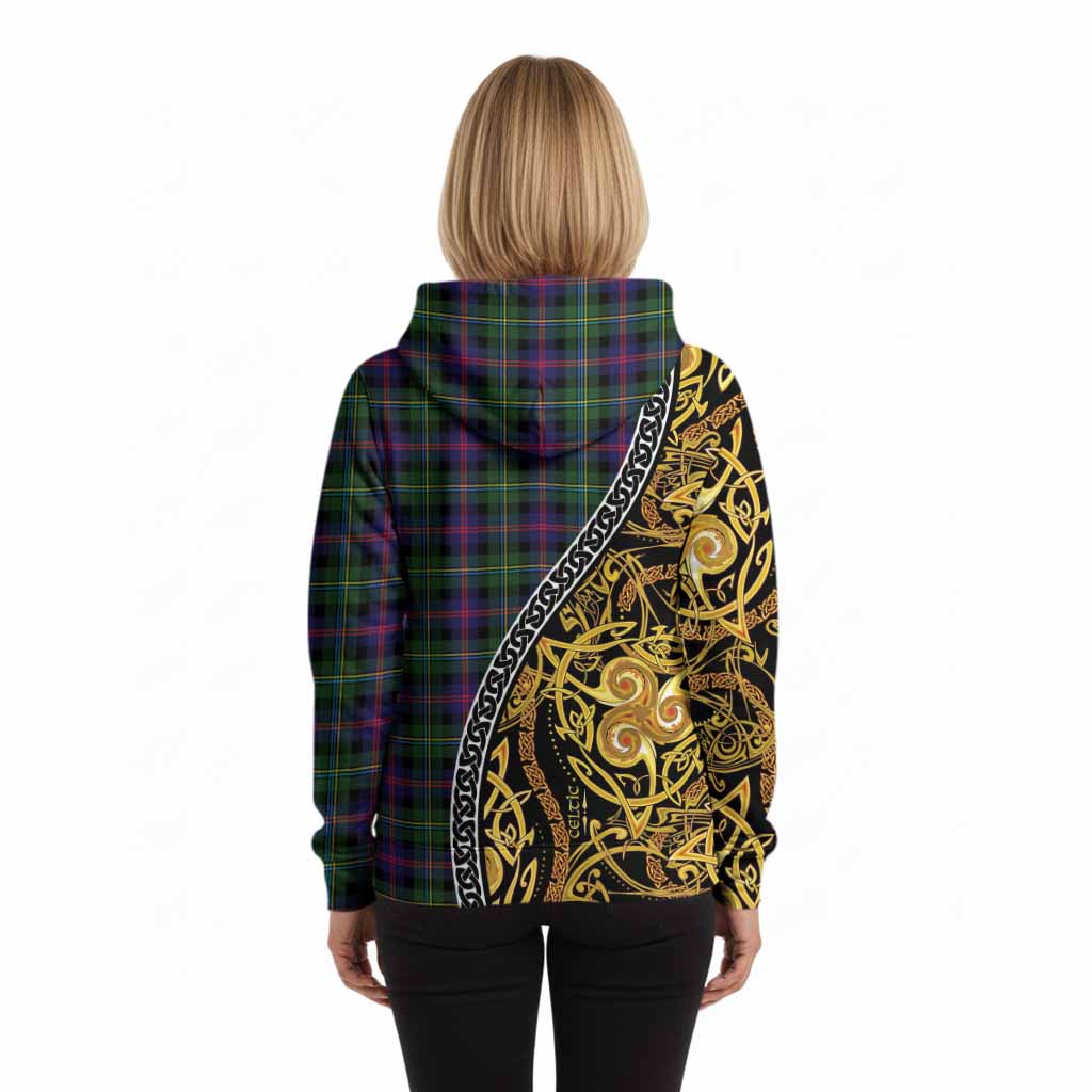 Malcolm Tartan Crest Hoodie Celtic Knot and Triple Trickle Spiral Symbols