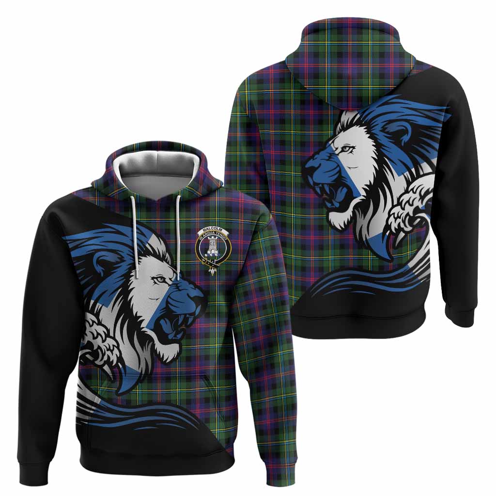 Malcolm Tartan Crest Hoodie Scottish Golden Lions Wave Flow