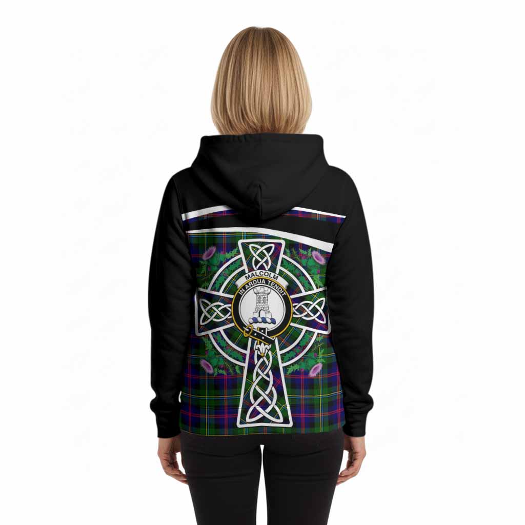 Malcolm Tartan Crest Hoodie Scottish Thistle Celtic Cross Alba Gu Brath