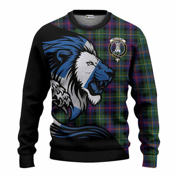 Malcolm Tartan Crest Knitted Sweater Scottish Golden Lions Wave Flow
