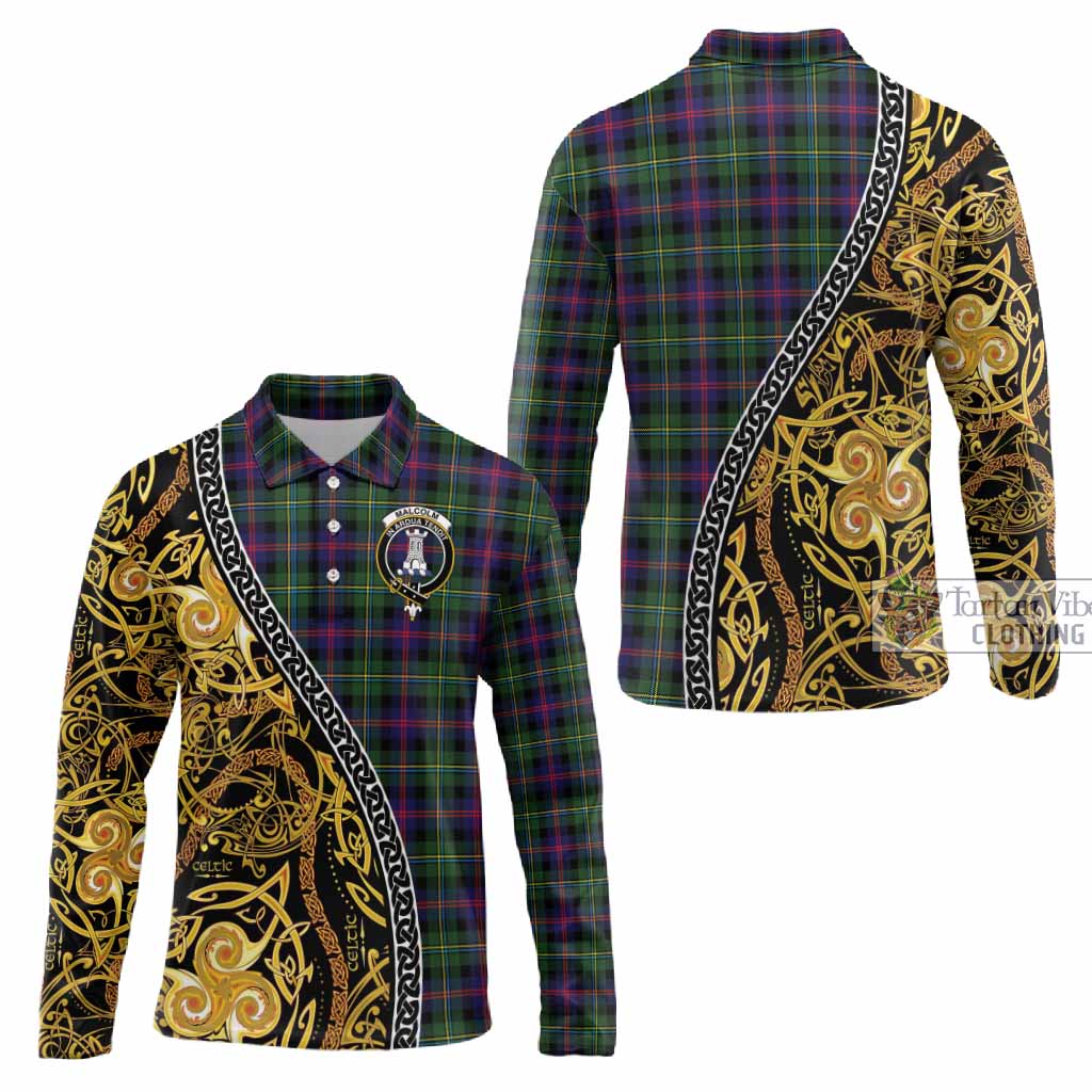 Malcolm Tartan Crest Long Sleeve Polo Shirt Celtic Knot and Triple Trickle Spiral Symbols