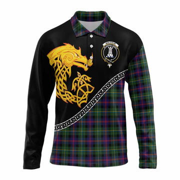 Malcolm Tartan Crest Long Sleeve Polo Shirt Legendary Dragon Knot Half Style