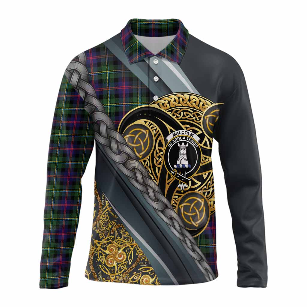Malcolm Tartan Crest Long Sleeve Polo Shirt Scottish Triskele Celtic