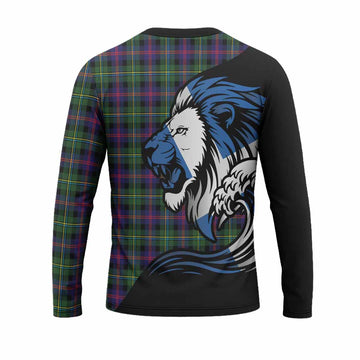 Malcolm Tartan Crest Long Sleeve T-Shirt Scottish Golden Lions Wave Flow