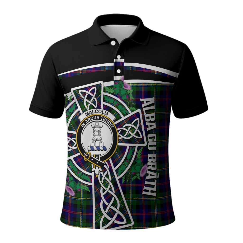 Malcolm Tartan Crest Polo Shirt Scottish Thistle Celtic Cross Alba Gu Brath