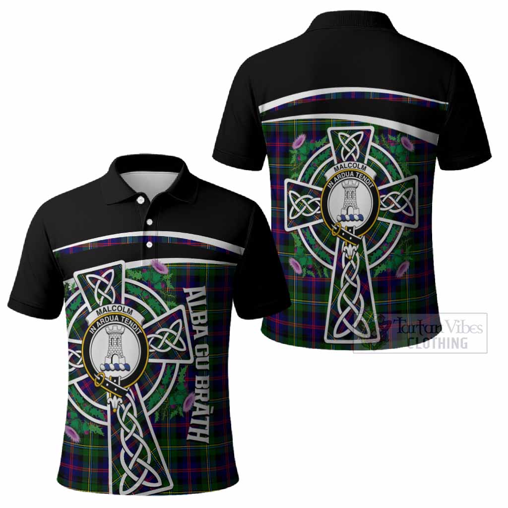 Malcolm Tartan Crest Polo Shirt Scottish Thistle Celtic Cross Alba Gu Brath