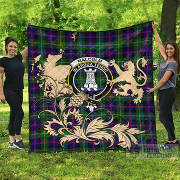 Malcolm Tartan Crest Premium Quilt with Scottish Iconic Symbols 