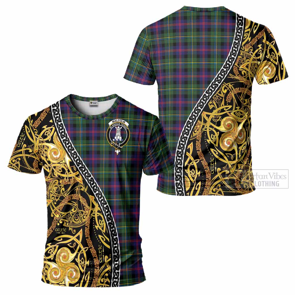 Malcolm Tartan Crest T-Shirt Celtic Knot and Triple Trickle Spiral Symbols