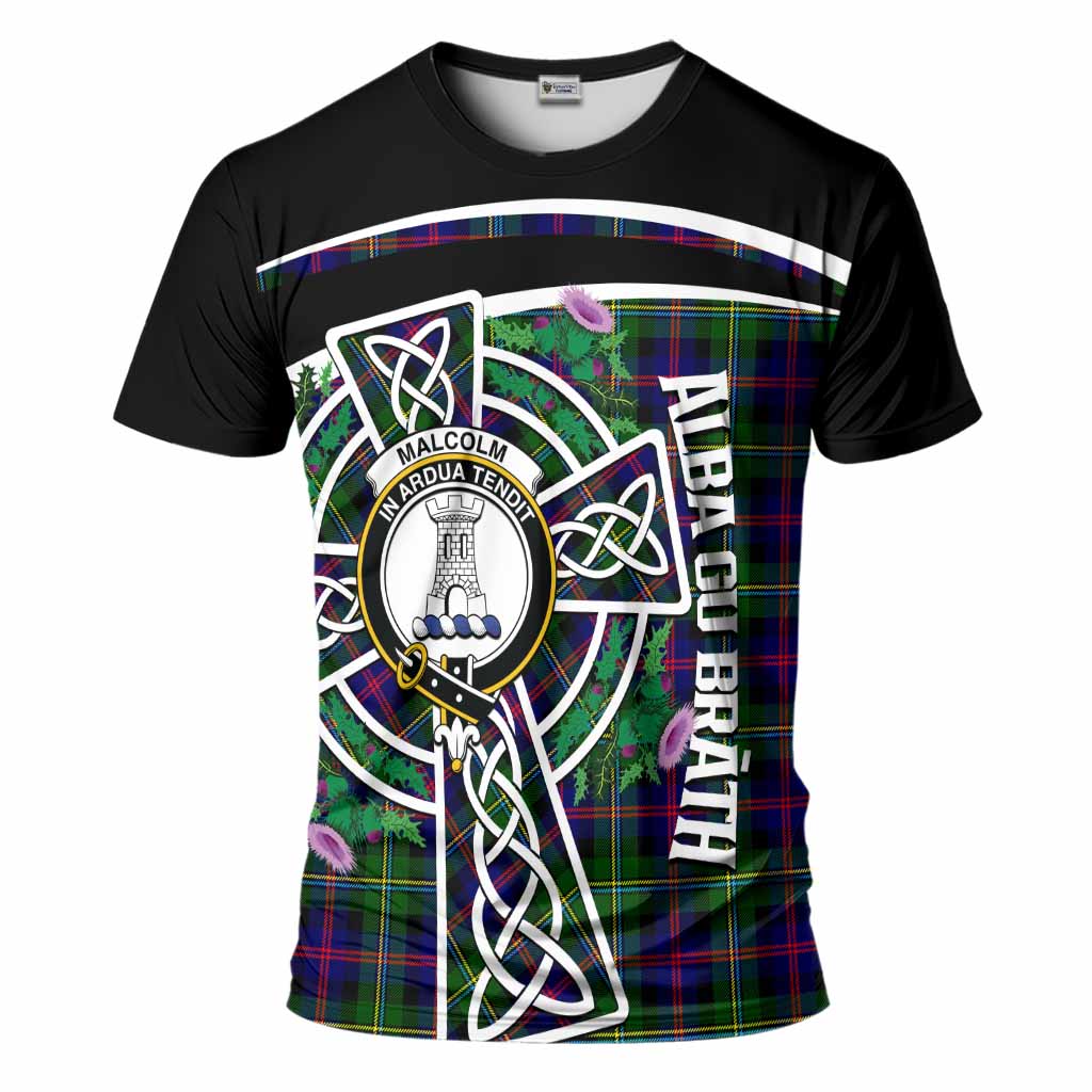 Malcolm Tartan Crest T-Shirt Scottish Thistle Celtic Cross Alba Gu Brath