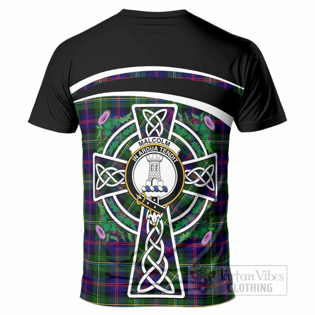 Malcolm Tartan Crest T-Shirt Scottish Thistle Celtic Cross Alba Gu Brath