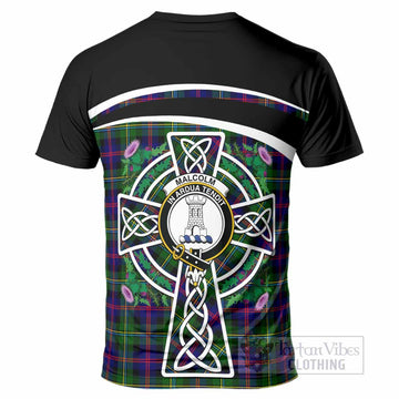 Malcolm Tartan Crest T-Shirt Scottish Thistle Celtic Cross Alba Gu Brath