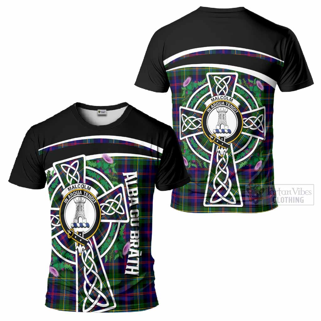 Malcolm Tartan Crest T-Shirt Scottish Thistle Celtic Cross Alba Gu Brath
