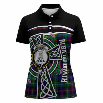 Malcolm Tartan Crest Women Polo Shirt Scottish Thistle Celtic Cross Alba Gu Brath