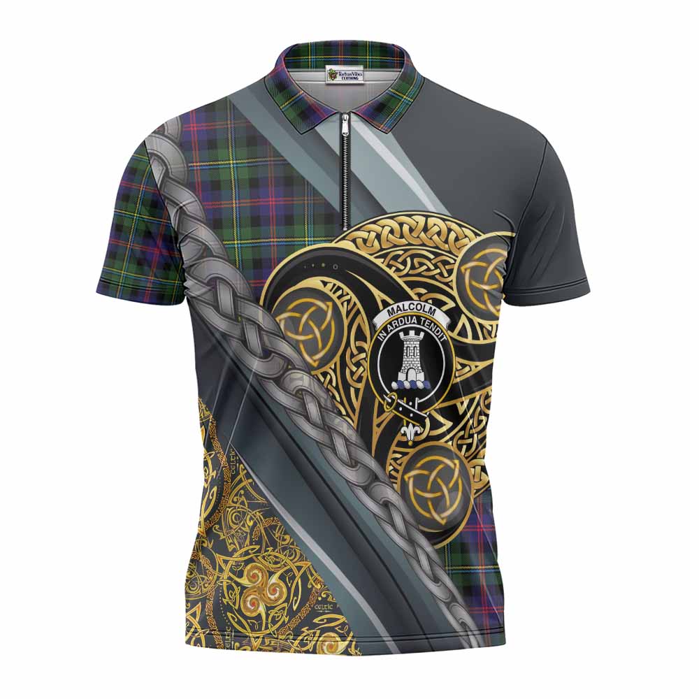 Malcolm Tartan Crest Zipper Polo Shirt Scottish Triskele Celtic
