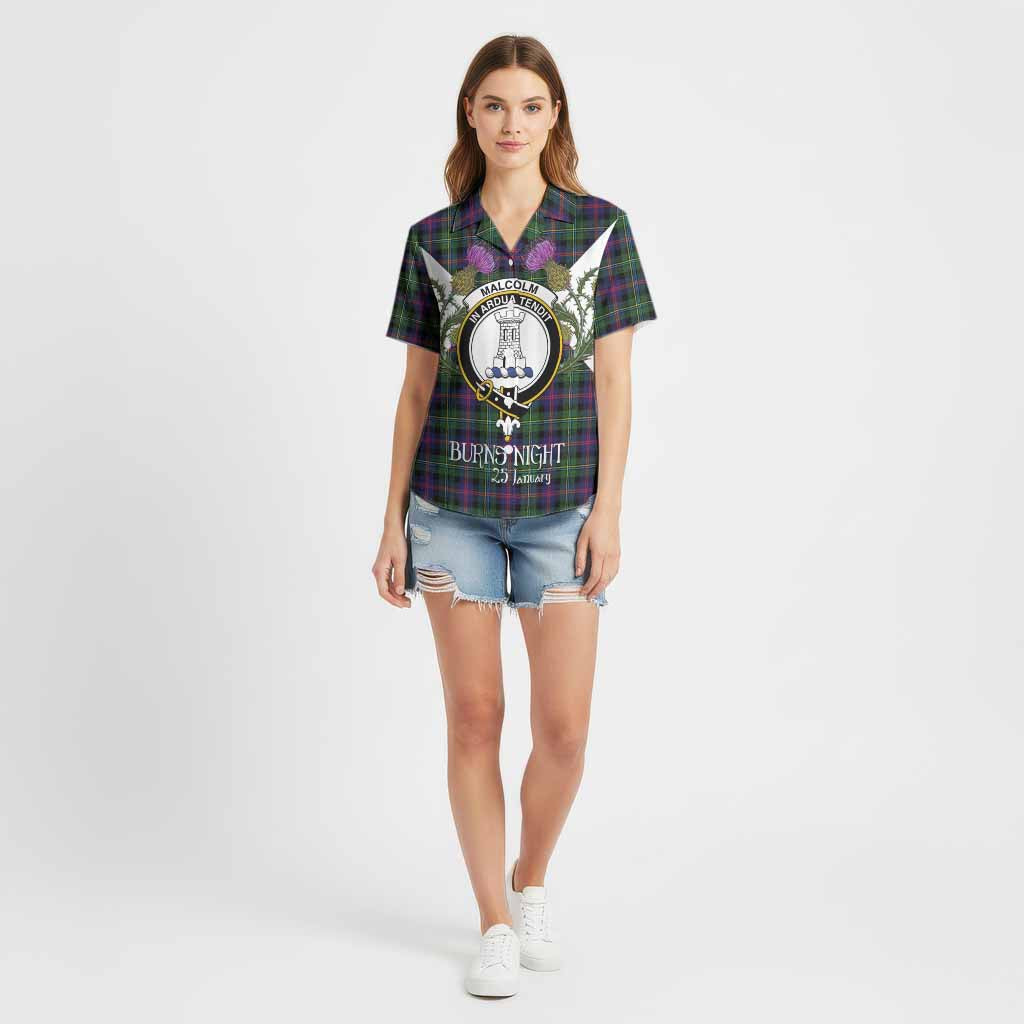 Malcolm Tartan Family Crest Cotton Hawaiian Shirt Scottish Burns Night Thistle Floral