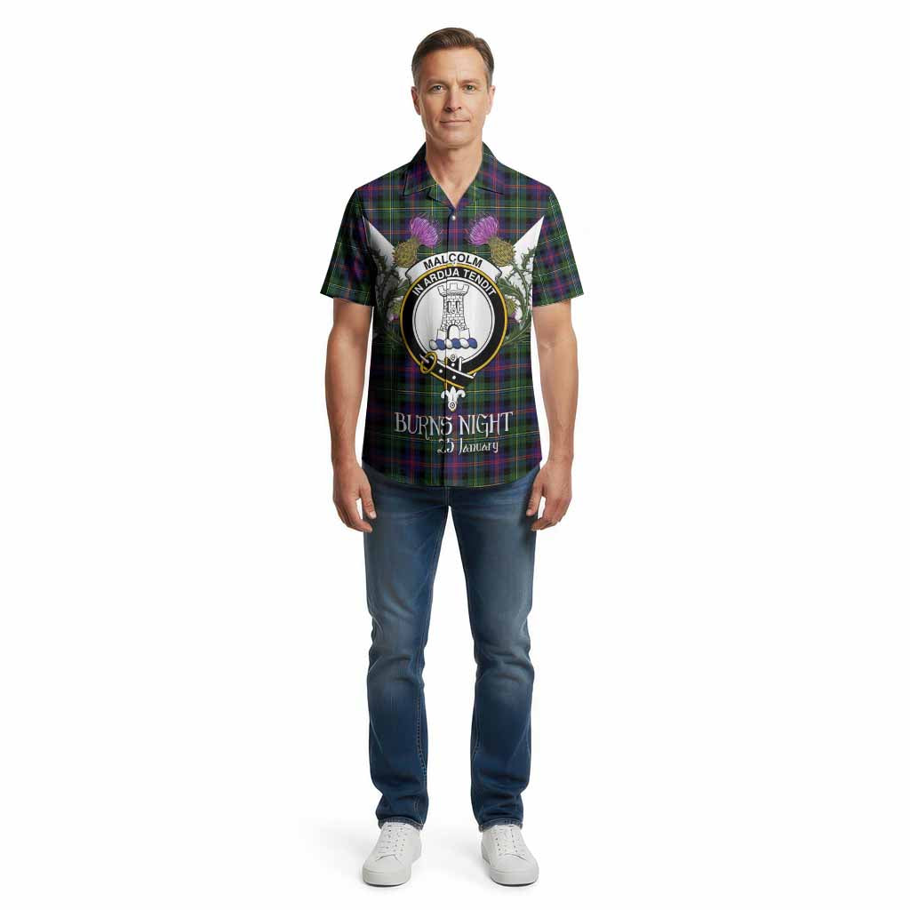 Malcolm Tartan Family Crest Cotton Hawaiian Shirt Scottish Burns Night Thistle Floral