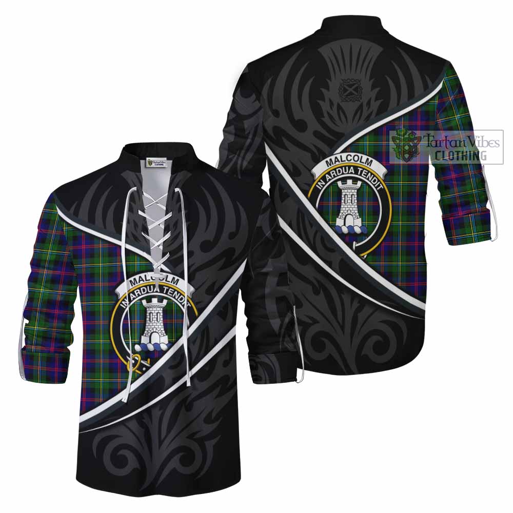 Malcolm Tartan Family Crest Ghillie Kilt Shirt Celtic Scottish Thistle Floral - Tartan Vibes Clothing