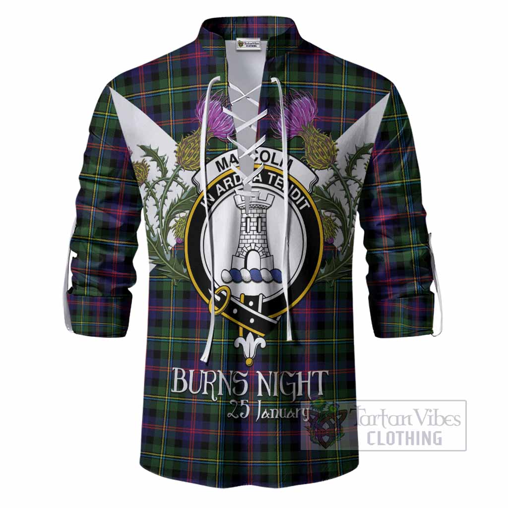 Malcolm Tartan Family Crest Ghillie Shirt Scottish Burns Night Thistle Floral