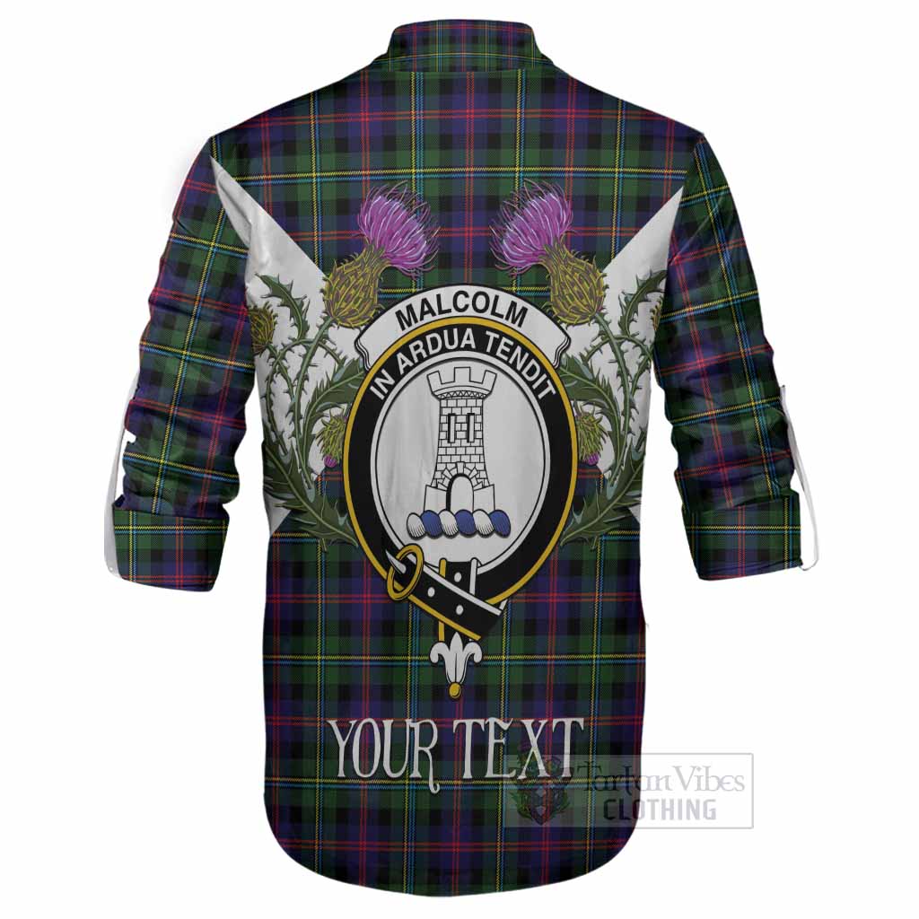Malcolm Tartan Family Crest Ghillie Shirt Scottish Burns Night Thistle Floral