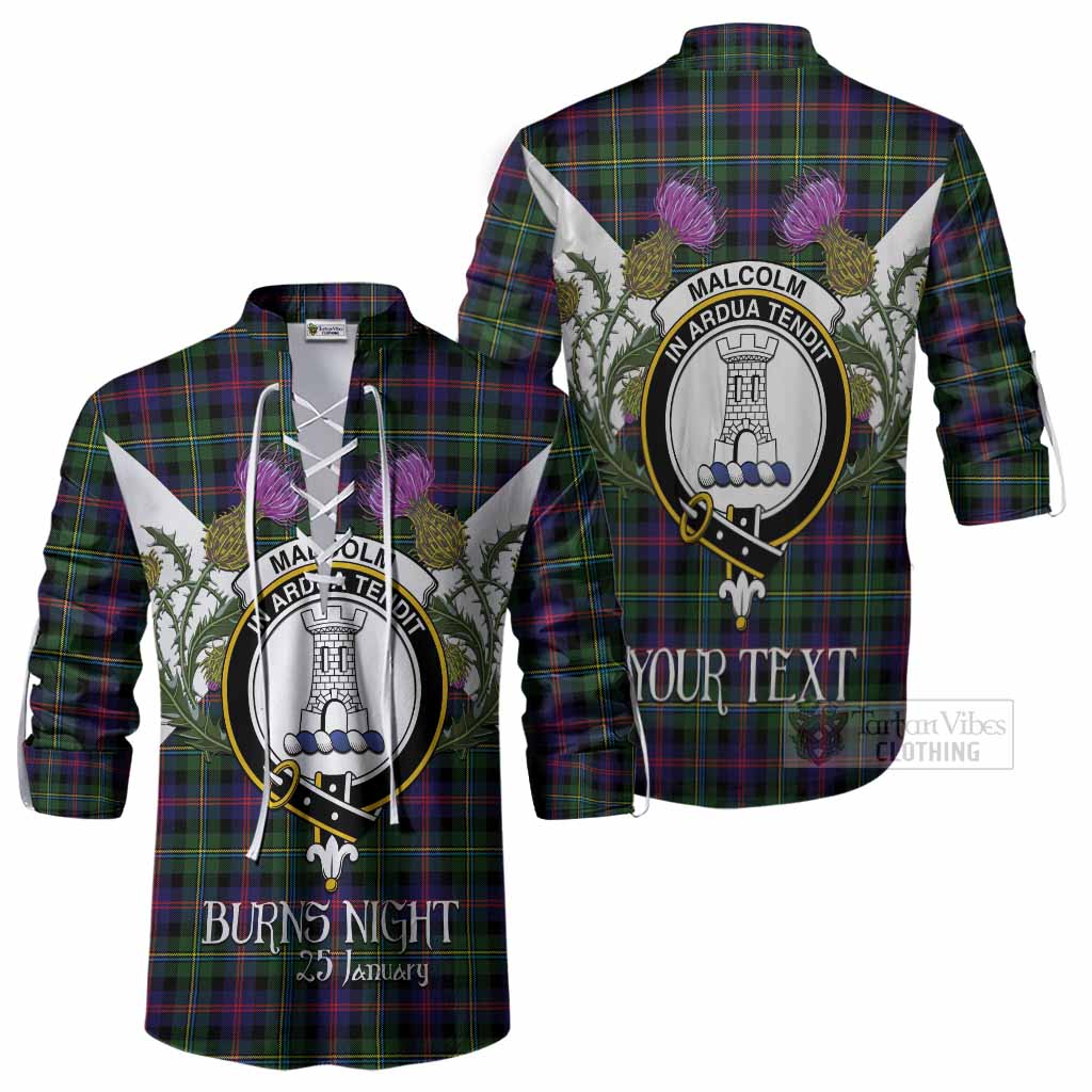 Malcolm Tartan Family Crest Ghillie Shirt Scottish Burns Night Thistle Floral