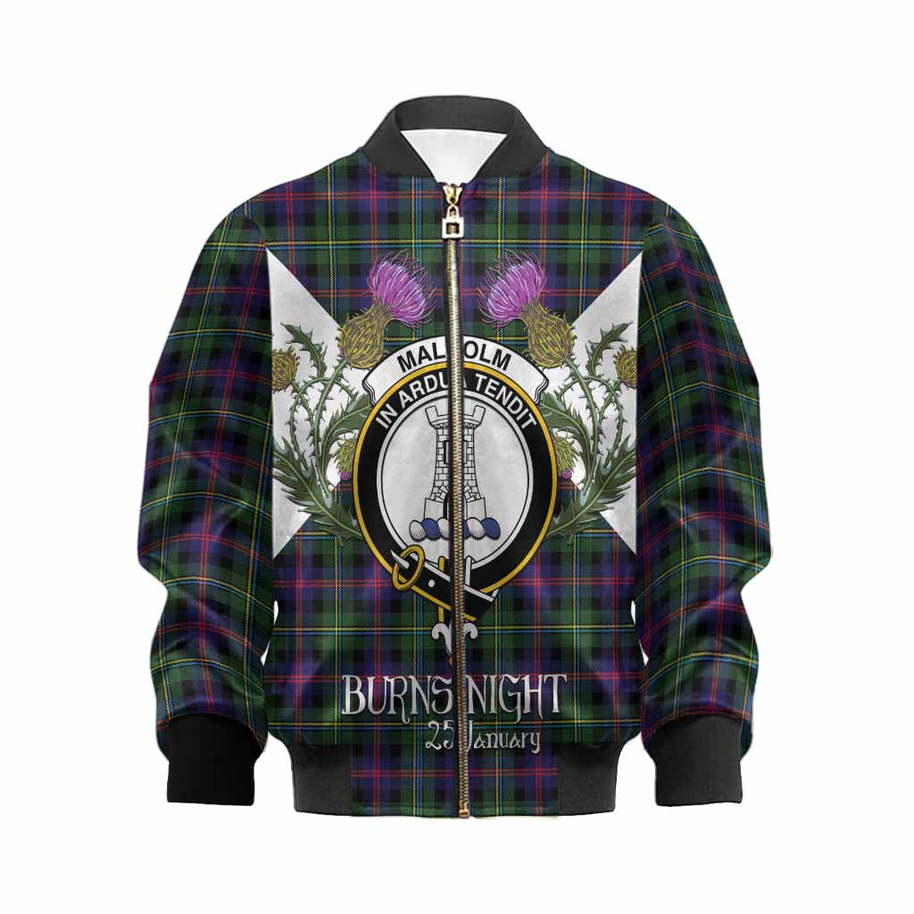 Malcolm Tartan Family Crest Kid Bomber Jacket Scottish Burns Night Thistle Floral