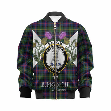Malcolm Tartan Family Crest Kid Bomber Jacket Scottish Burns Night Thistle Floral