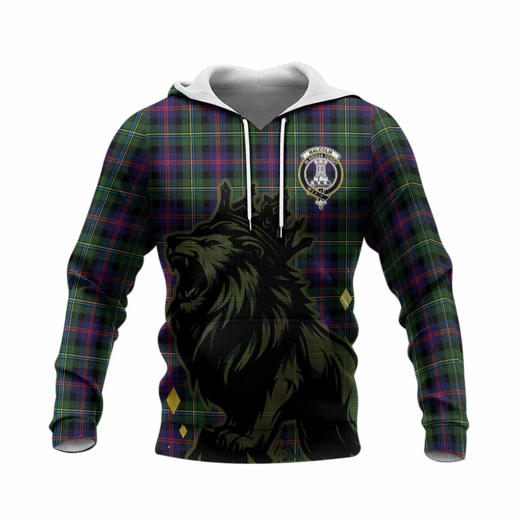 Malcolm Tartan Family Crest Knitted Hoodie Crowned Lion Roaring