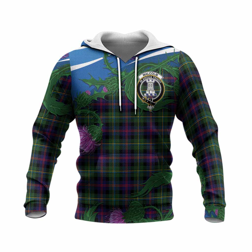 Malcolm Tartan Family Crest Knitted Hoodie Thistle in Minimalism