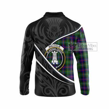 Malcolm Tartan Family Crest Long Sleeve Polo Shirt Celtic Scottish Thistle Floral