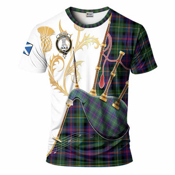 Malcolm Tartan Family Crest T-Shirt Bagpipes with Scottish Thistle