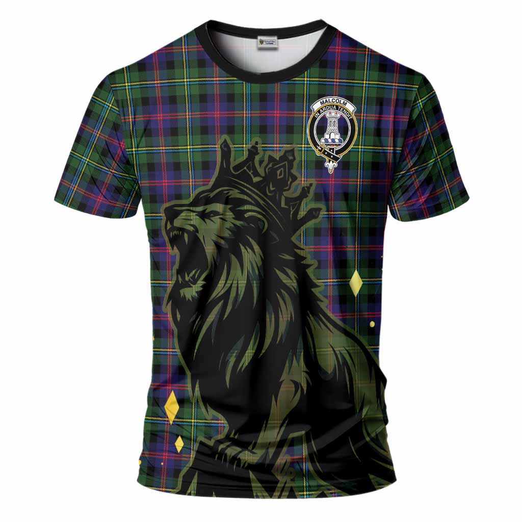 Malcolm Tartan Family Crest T-Shirt Crowned Lion Roaring