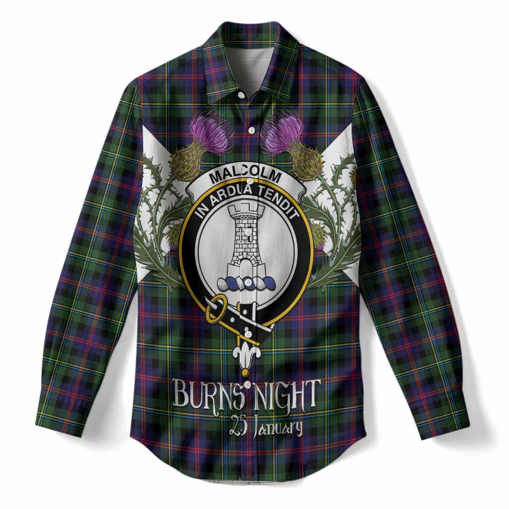 Malcolm Tartan Family Crest Women Casual Shirt Scottish Burns Night Thistle Floral