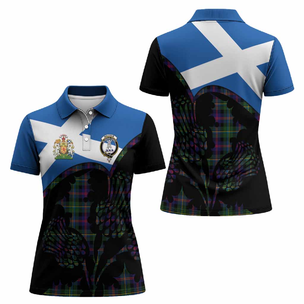 Malcolm Tartan Family Crest Women Polo Shirt Scotland Thistle Floral Flag Style