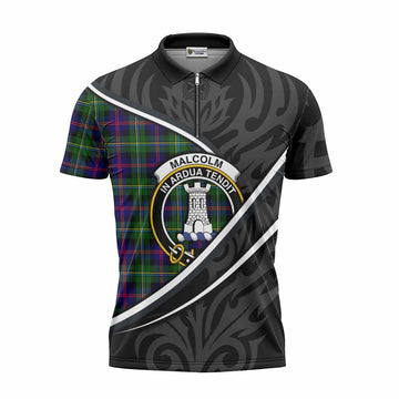 Malcolm Tartan Family Crest Zipper Polo Shirt Celtic Scottish Thistle Floral