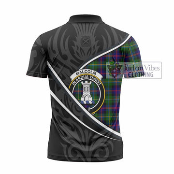 Malcolm Tartan Family Crest Zipper Polo Shirt Celtic Scottish Thistle Floral