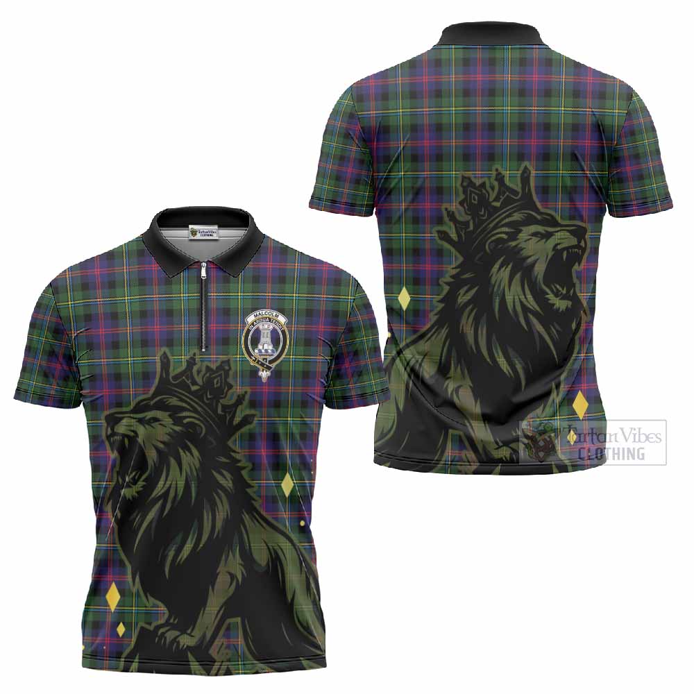 Malcolm Tartan Family Crest Zipper Polo Shirt Crowned Lion Roaring