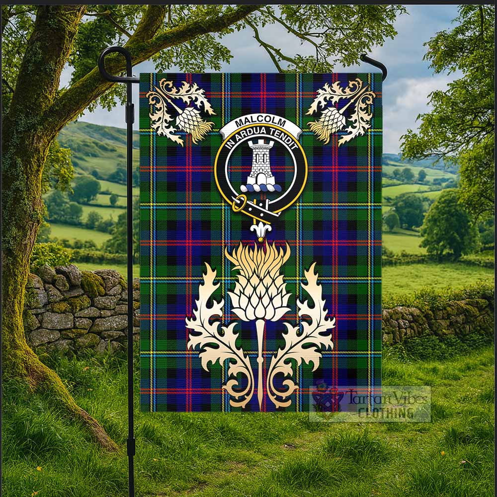 Malcolm Tartan Garden Flag with Golden Regal Scottish Thistle Emblem - Tartan Vibes Clothing