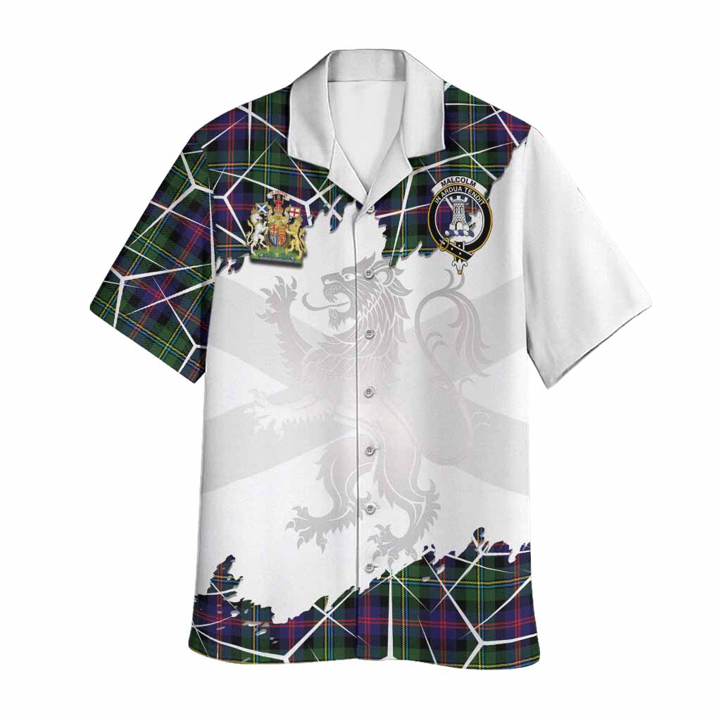 Malcolm Tartan Hawaiian Shirt with Family Crest and Lion Rampant Grunge Style